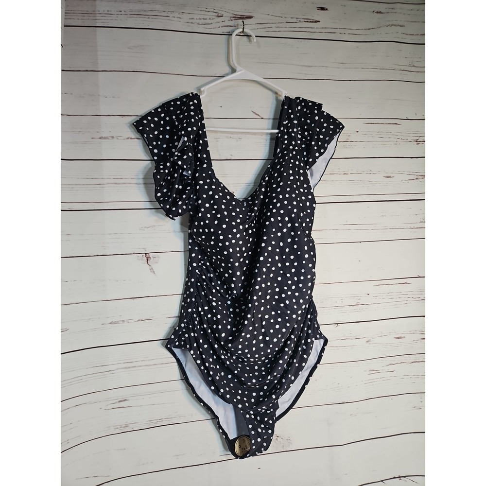 Eomenie Polka Dot One Piece Swimsuit Ruffle Sleeve Ruched Black White 2XL NWT